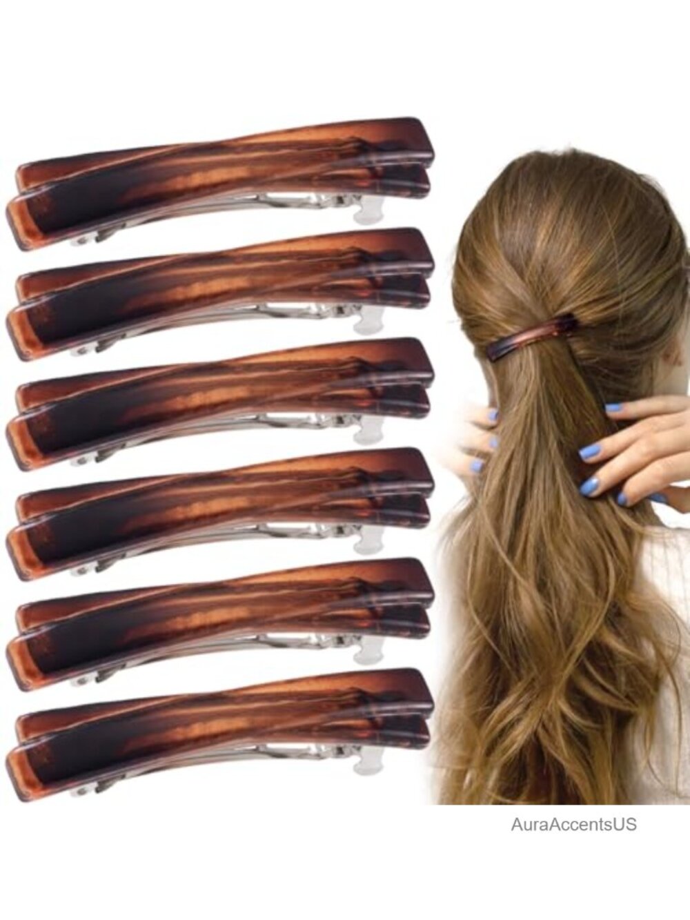 6PCS French Barrette Hair Clips for Women, Tortoise Shell, Metal Spring, Glossy